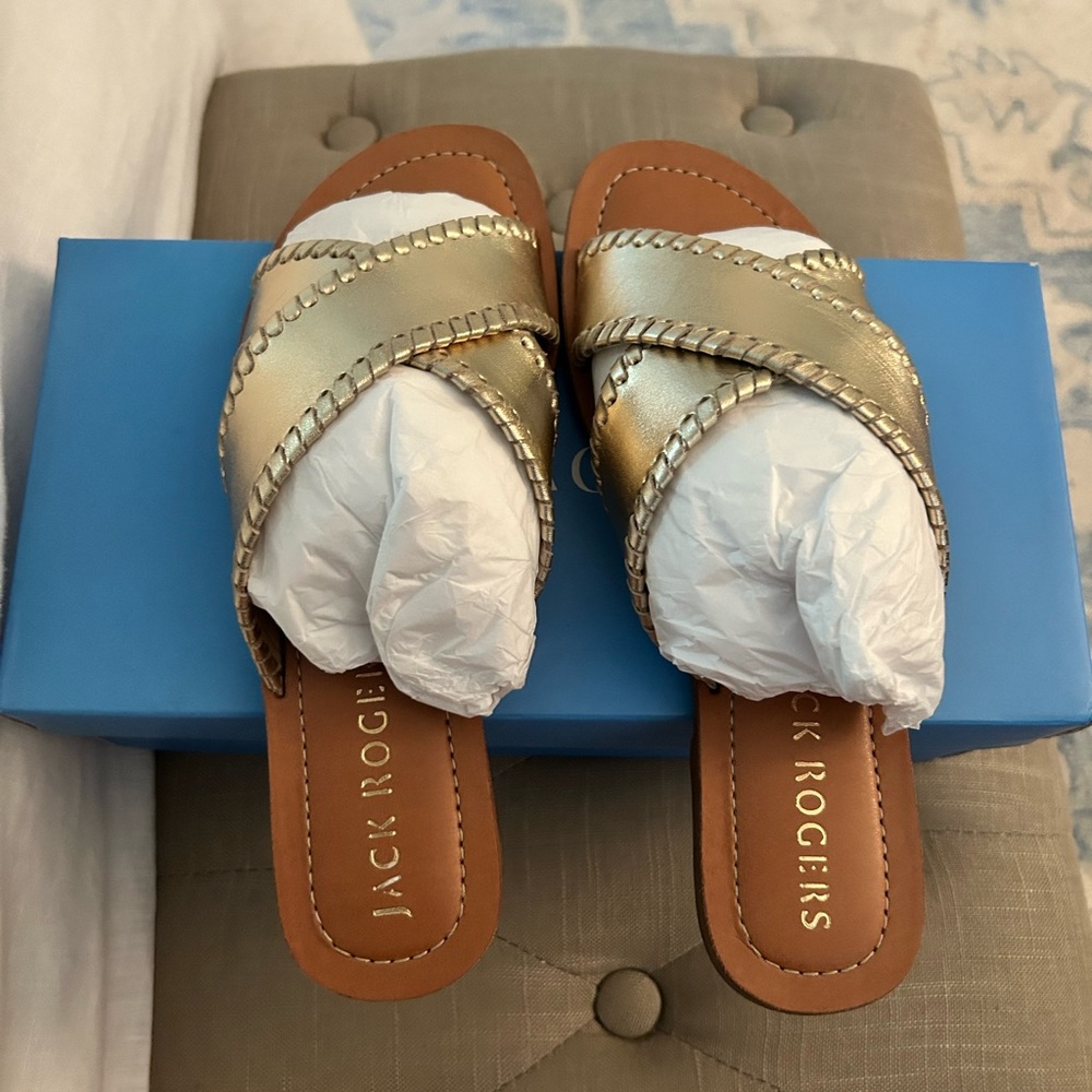 NEW Jack Rogers Sloane X Band Gold Criss Cross Slide Sandals Women’s 7